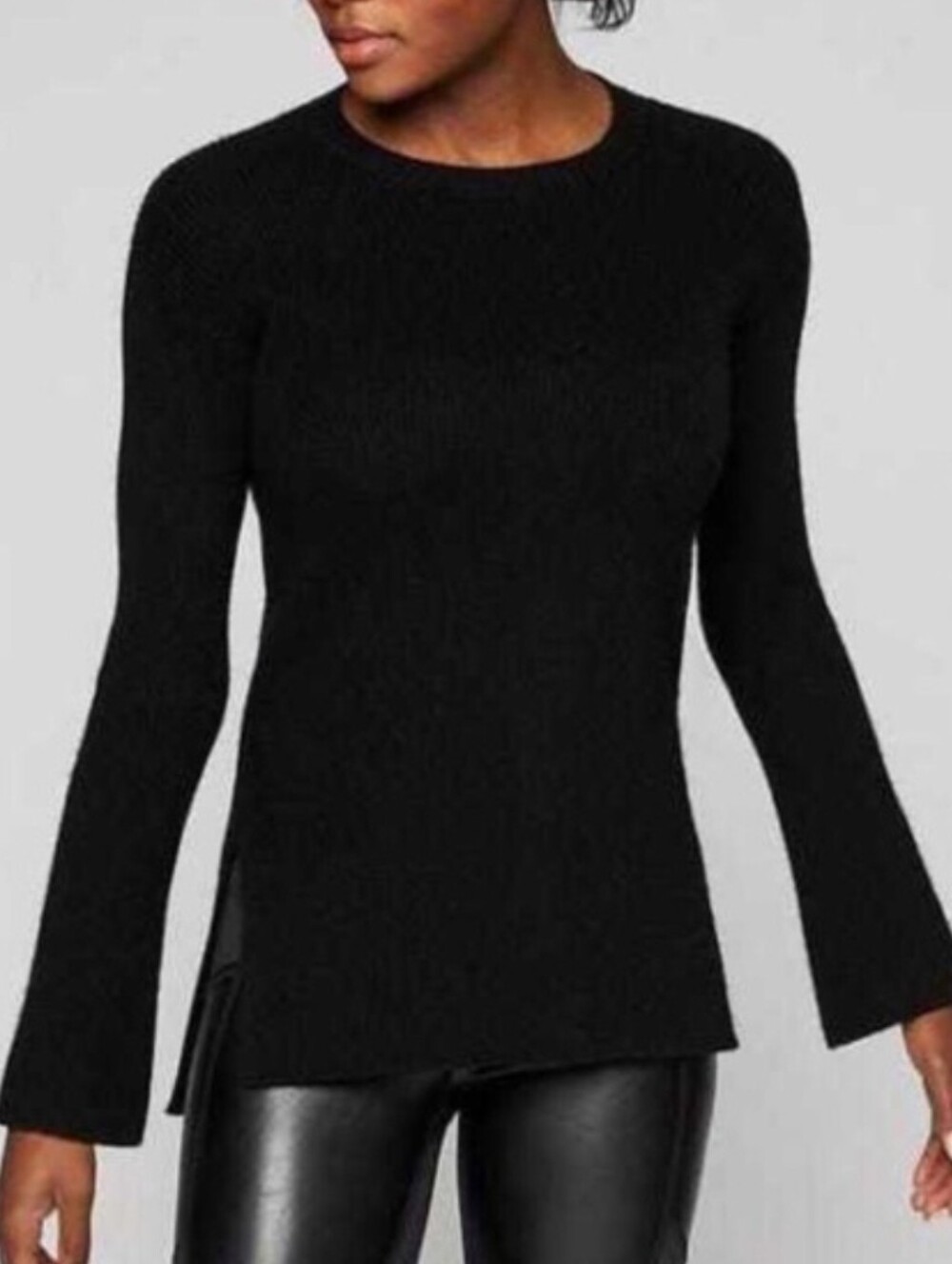 Athleta Black Crewneck Wool Cashmere Bell Sleeve Sweater
